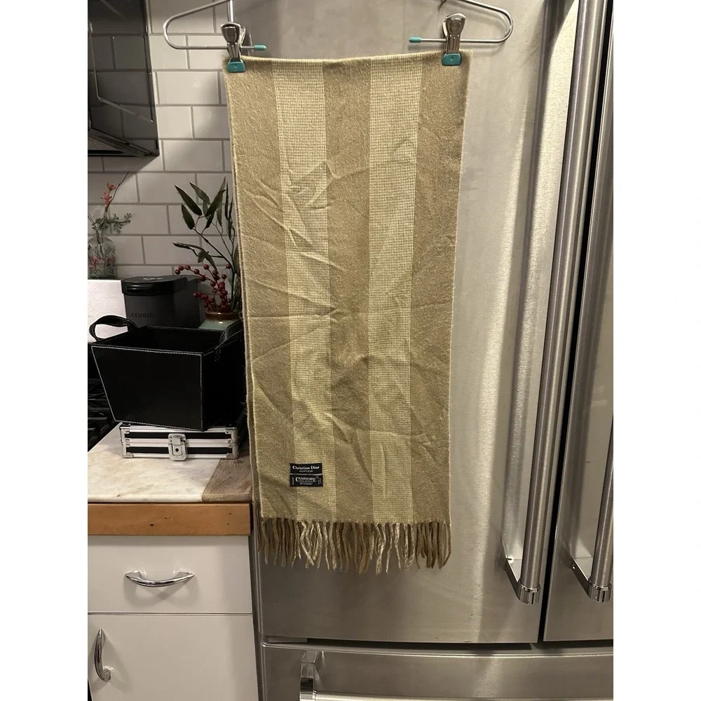 Christian Dior 100% Acrylic With Fringe Scarf Vintage Camel Striped Classic Scar